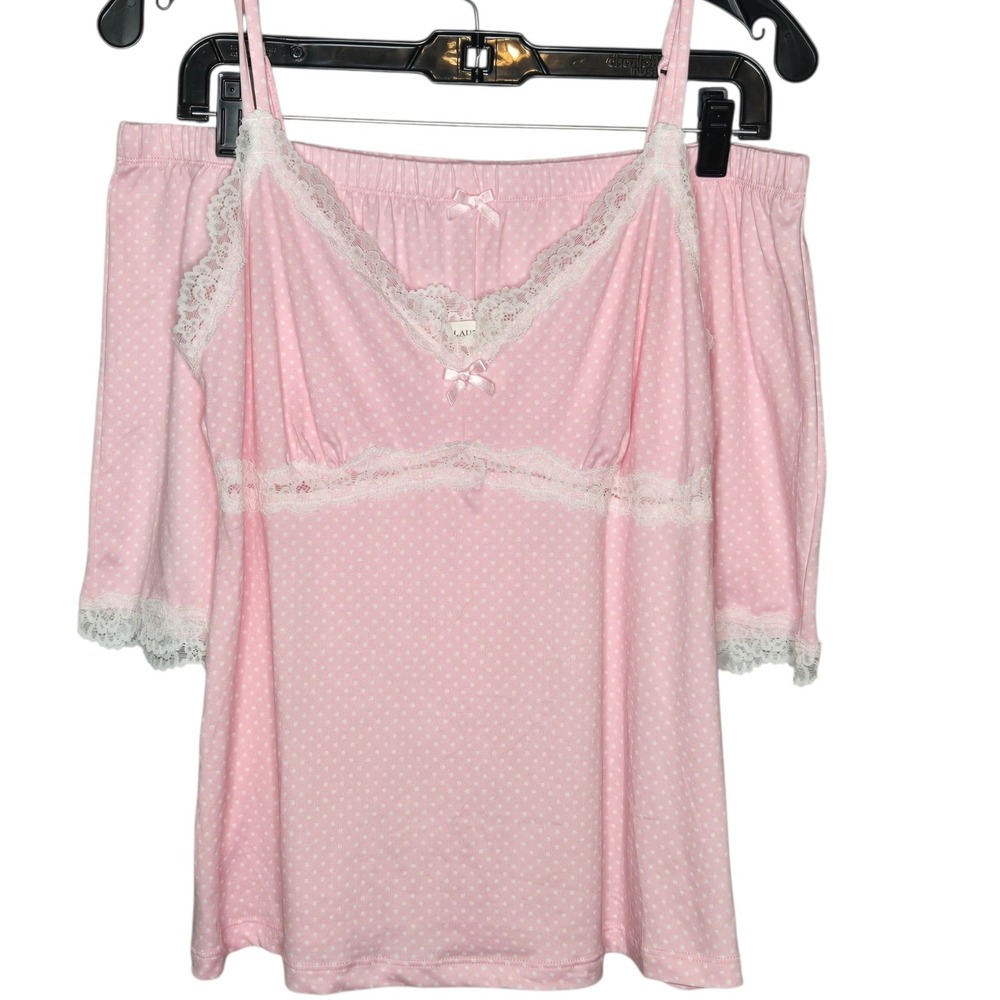 Laura Ashley Pink Polka Dot Lace Chemise Cami Shorts Lounge Set XL
Coquette
